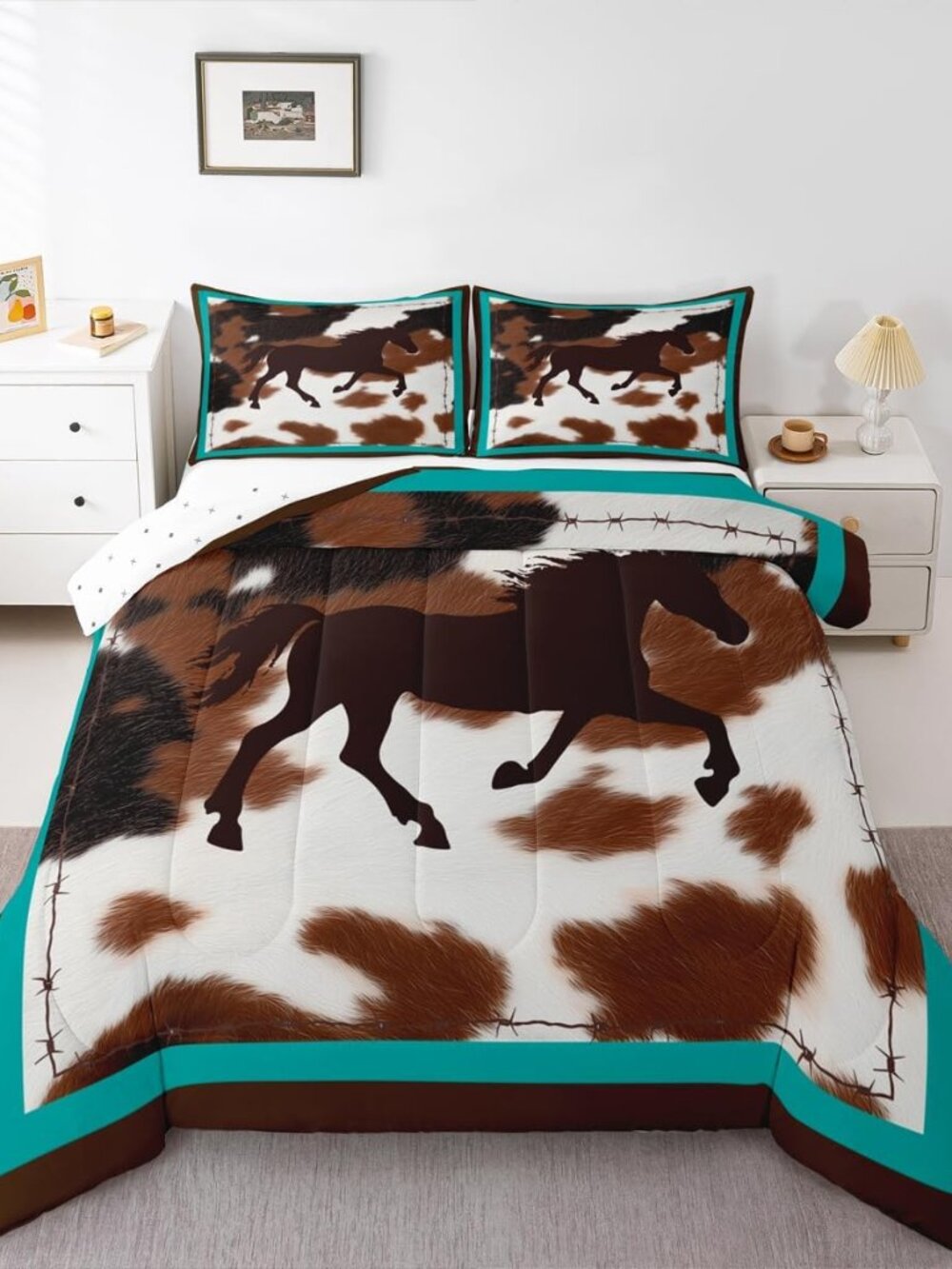Horse Cowboy Cowhide Comforter Set Twin Size Boys Girls Bedding